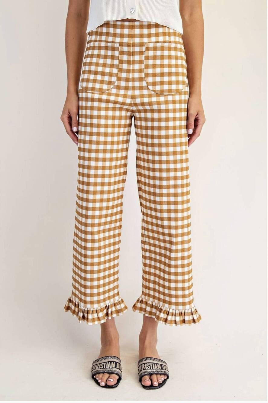NEW STYLE USA gingham straight leg pants in tan/white